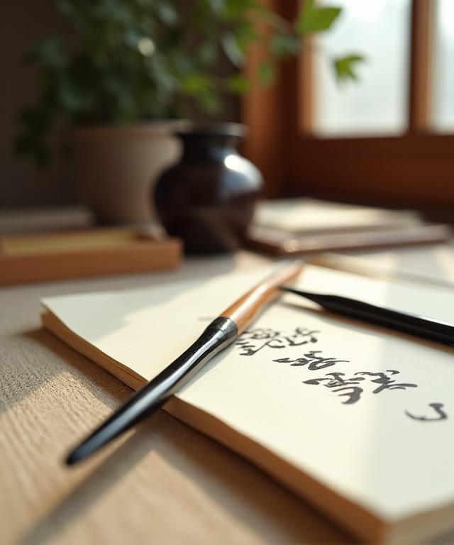書道用の筆と和紙が置かれた静かなアトリエ