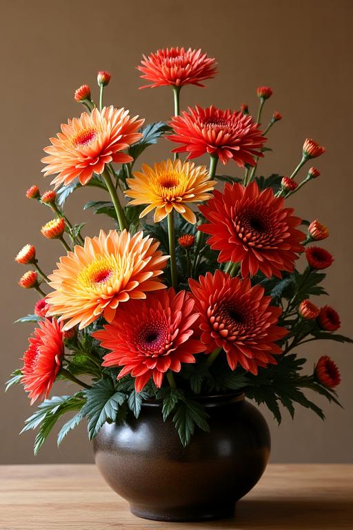 様々な種類の菊を組み合わせた秋の作品