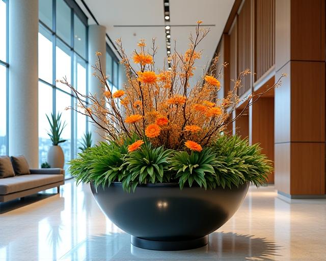 企業のロビーに設置された大型のいけばな